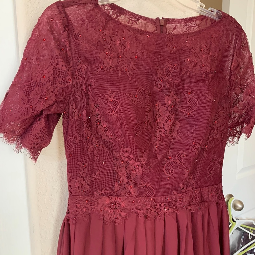 Lace and chiffon evening gown. Wine color with removable chiffon cape. New.